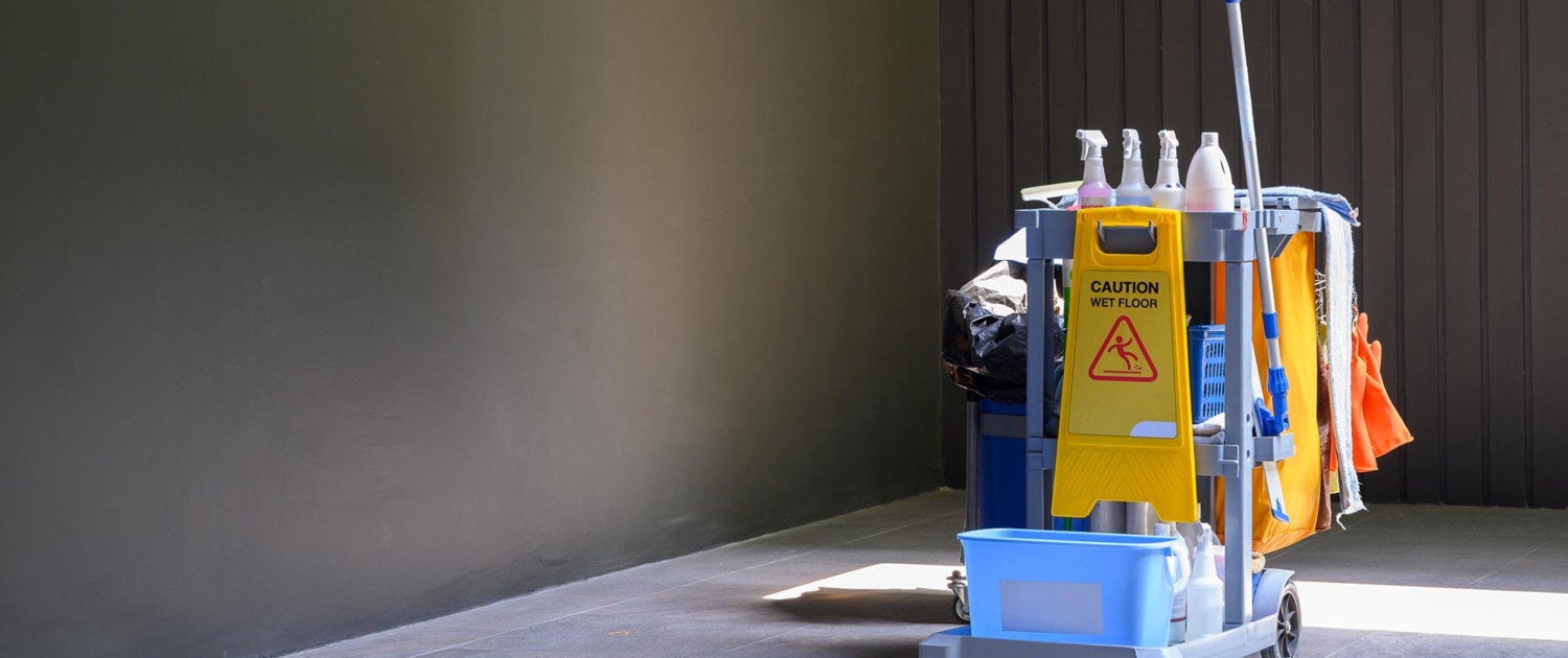 View of a Janitorial cart with cleaning supples