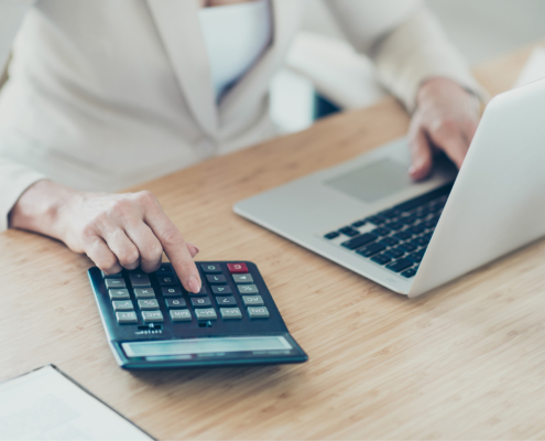 Old lady boss accountant typing on netbook, calculating finance