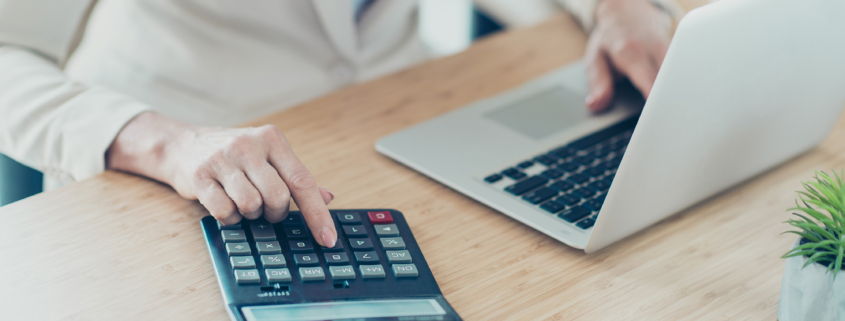 Old lady boss accountant typing on netbook, calculating finance