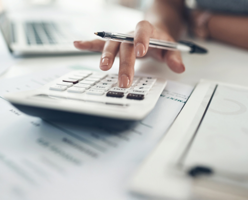 Finance planning, budget or savings manager calculating expenses